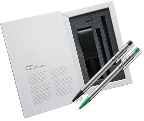 Lamy Geschenk-Set logo matt/schwarz und matt/grün- jeweils ein Kugelschreiber (205) in Geschenkverpackung mit Lederetui - inkl. Gravur (Lasergravur)