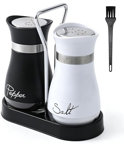 2 Stück Salz und Pfefferstreuer Set - 120 ml Pfeffer und Salzstreuer mit Halterung und Bürste, Edelstahl mit Glas, Schwarz-Weiß Design für Gewürzstreuer/Gewürzdosen für Haushalt, Küche, BBQ, Grill