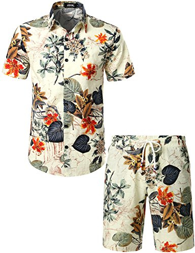 JOGAL Herren Blumen Kurzarm Baumwolle Hawaii Hemd Shorts Set X-Large Weiß