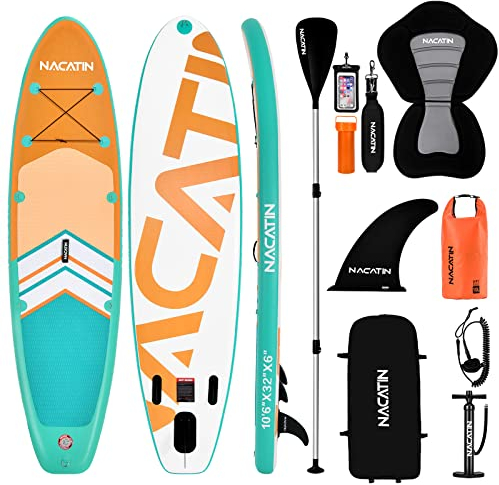 Paddle Boards für Erwachsene, NACATIN Aufblasbares Stand Up Paddle Board mit 10'6 SUP Board, Paddel, Pumpe, Rucksack, Trockentasche, Ideal für alle Könnensstufen (Orange, mit Kajaksitz)