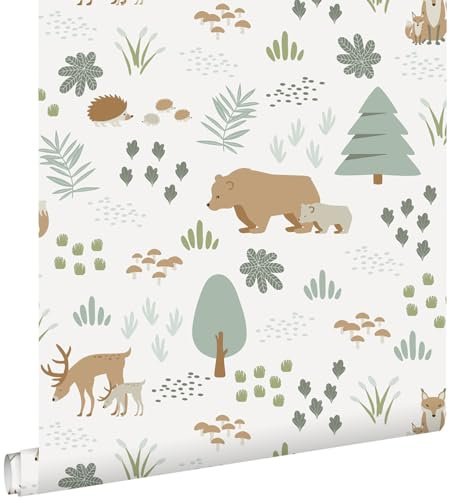 papier peint forêt avec des animaux de la forêt blanc 53 cm x 10.05 m - ESTAhome