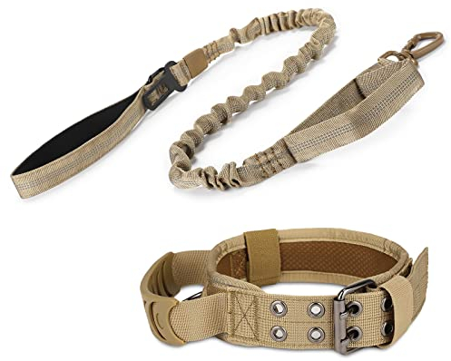 Huntvp taktisches Hundehalsband mit Kontrollgriff und Hundeleine mit Doppelgriff, Militär Hundehalsband und Leine Set, Reflektierend Verstellbar für Mittlere Große Hunde Jagd,Braun XL