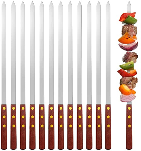 Cunhill 12 Pcs 17.7 Inch Kabob Skewers for Grilling 0.4 Inch Wide Flat Blade Thin Stainless Steel Kabob Sticks Long Barbecue Reusable Metal BBQ Skewers with Wood Handles for Tailgate Party Outdoor