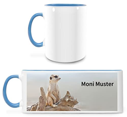 Manutextur Tasse mit Namen - personalisiert - Motiv Erdmännchen - viele Farben & Motive - weiß/hellblau - persönliches Geschenk mit Wunsch-Motiv und Wunsch-Name