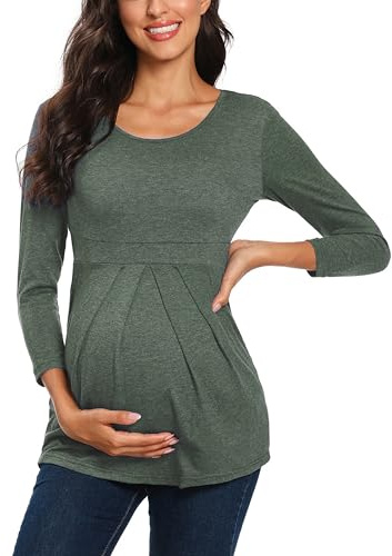 Love2Mi Damen Schwanger Umstandsmode 3/4 Ärmel Umstandsbluse mit Raffungen Schwangerschaft Oberteil Elegant