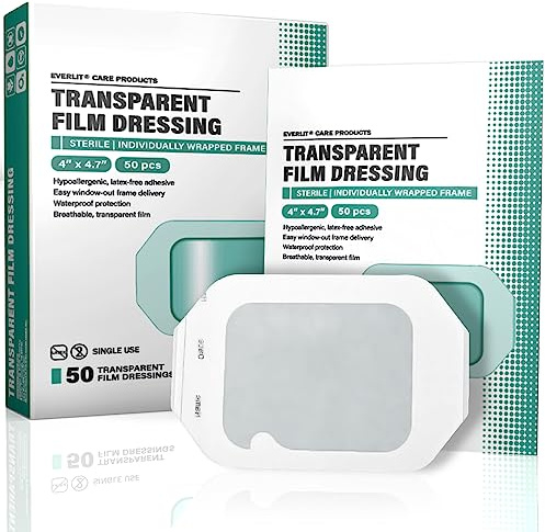 Everlit Care Transparent Film Dressing, Large Waterproof Adhesive Patch | Window Frame Wound Cover for Post Surgical Shower, IV Shield, Tattoo Aftercare Bandage (4 x 4.7 | 50 Pack)