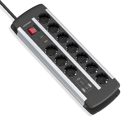 UCOMEN Steckdosenleiste mit Überspannungsschutz, 20W USB A und C Anschlüsse für Computertisch, Besprechungsraum und Büroarbeitsplätze, 10-Fach Mehrfachsteckdose mit 1.5m Kabel, 16A