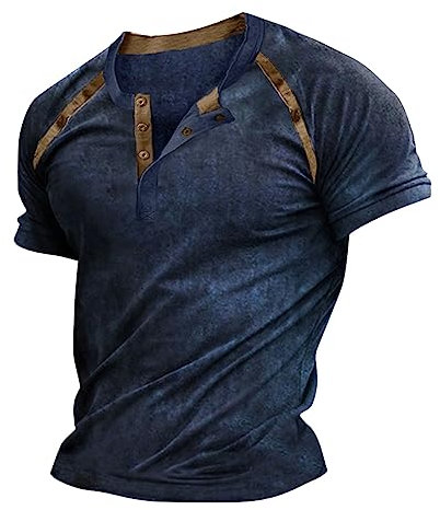 Azruma Leinenhemd Herren T-Shirt Herren V-Ausschnitt Glitzer Top Sommer Retro Distressed Color Block Kurzarm Henley Shirt BeiläUfig Kurze ÄRmel Mittelalter Hemd T Shirt Herren Langarm (Blau, XL)