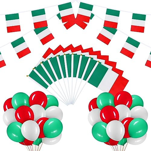 BBTO Spanien Italien Deutschland Australien Flagge Deko Set,41 Stück,Italien | 10 italienische Handflaggen, 30 italienische Luftballons, zur Dekoration von patriotischen Themenpartys