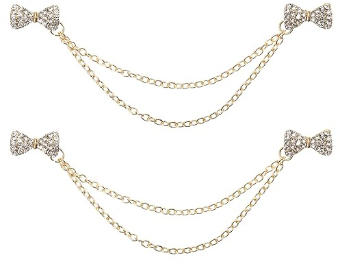 QUARKZMAN 2Stk Schleife Pullover Clips Retro Kragenspangen mit Kette Gold | Shirt Klammern Schal Klammern Kleidung Clip, für Strickjacken, für Frauen