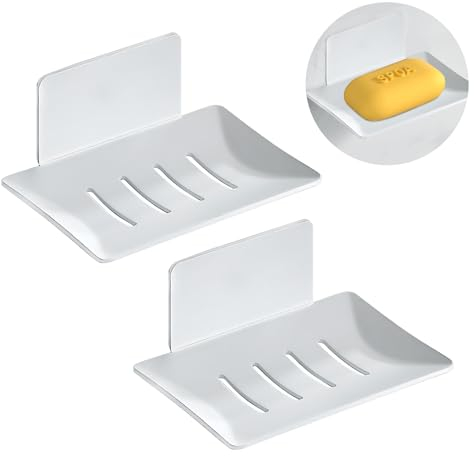 ZSMJAER 2 Stück Selbstklebende Seifenhalter,Seifenhalter ohne Bohren,Seifenablage mit Abfluss,Geeignet für Bäder,Küchen,Theken,Duschen (Weiß)