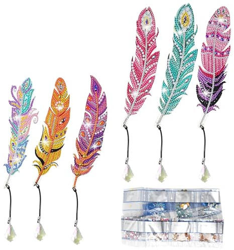 Wisebom Diamond Painting Lesezeichen Set 6 Stück Diamond Painting Federn Mini Diamond Painting Anhänger mit Zubehör Basteln Mädchen Lesezeichen Mädchen Geschenke für Seiten Markierungen