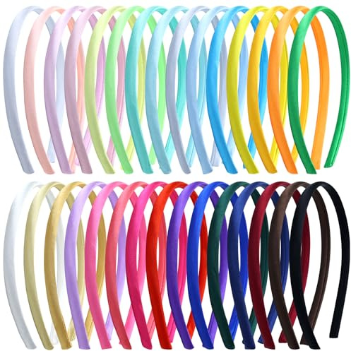 Cinaci 30 Pieces Candy Color Width 1cm/0.4 Thin Plastic Headbands Satin Covered Blank Plain DIY Craft Headbands for Women Girls Teens Kids