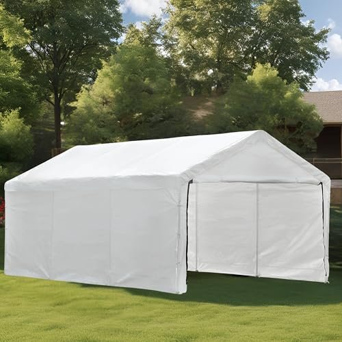 New Yard Carport, Heavy Duty Carport with Roll-Up Door & Removable Sidewalls, Portable Garage for Car, Truck, Boat, All-Season Car Canopy in Reflective White (10x20)