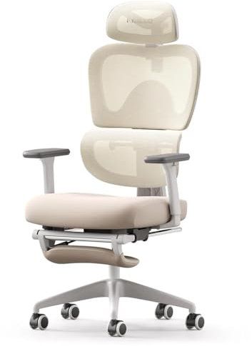 MUSSO E600SE Ergonomischer Bürostuhl, 3-stufig verstellbare Lendenwirbelsäule 3D-verstellbare Armlehne & Kopfstütze mit Fußstütze, maßgeschneidert für Frauen Wirbelsäulenschutz Sitzen (Beige)