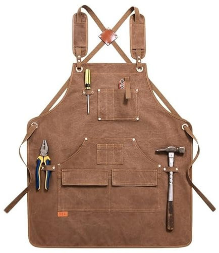 Peto Trabajo Hombre Delantal de trabajo duradero con bolsillos for herramientas, delantal de lona Unisex resistente con correas cruzadas ajustables for pintura de carpintero, barbacoa en casa(Upgrade