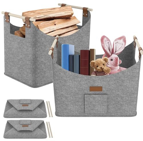 SUBTLETY XXL Faltbare Holzkörbe 2 Stück Filz Kaminholztasche Groß Kaminholzkorb mit Holzgriff Belast Max. 60L Feuerholzkorb für Transport & Aufbewahrung von Brennholz Zeitungen Kleidung (Mittelgrau)