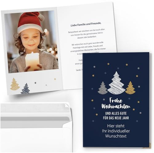 10 Personalisierte Weihnachtskarten mit Ihrem Text und Foto - Frohe Weihnachten blau - individueller Weihnachtsgruß Grußkarte Weihnachten Klappkarten mit Umschlägen