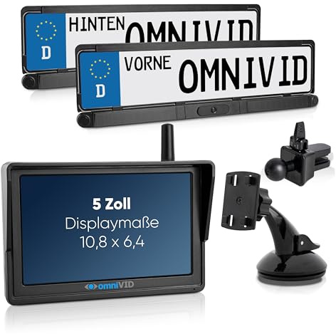 omniVID® Solar 6-Duo für vorn und hinten mit 2 Kameras, Premium Solar Rückfahrkamera-System mit Parksensoren, Kabellos mit 5 Zoll Monitor, zum Nachrüsten, Montage ohne Bohren. IP67 wasserdicht