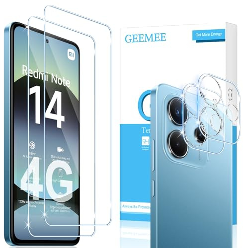 GEEMEE 2+2 Pezzi Pellicola Vetro Temperato per Xiaomi Redmi Note 14 4G, Pellicola Protettiva+Pellicola Fotocamera, Durezza 9H Anti Graffi Anti-Impronte Protettiva Protezione Schermo Screen Protector