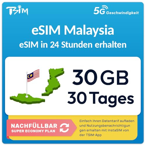 Malaysia eSIM | 30GB | 30 Tage | Nachfüllbarer Tarif | 5G Geschwindigkeit |Hotspot| Nur-Daten. QR-Code Wird innerhalb von 24 Stunden gesendet, scannen zur Aktivierung, Keine Telefonnummer enthalten.