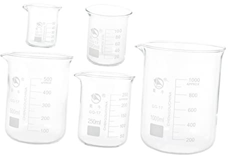 BUGUUYO 5piezas Vasos Medidores De Vidrio Borosilicato Graduados Resistentes Altas Temperaturas Tazas Transparentes Con Escala Precisa Para Laboratorio y Medición De Líquidos