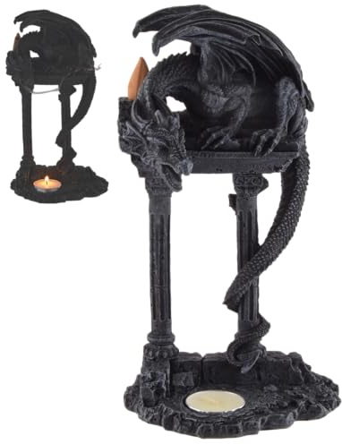 Teelichthalter und Räucherkegelhalter Schwarzer Drache, aus Kunststein, handbemalt, Teelicht und Räucherkegel im Lieferumfang enthalten, 766-80412