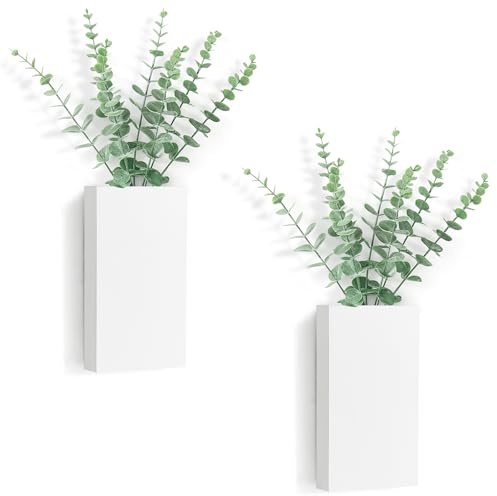 Dahey 2 Pack Wood Wall Planter Vase with Artificial Eucalyptus Farmhouse Wall Hanging Decor Pocket Planter for Indoor Fake Plants Greenery Flowers Living Room Bedroom Kitchen Home Decoration, White