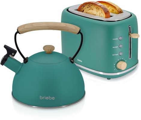 briebe Nordic Ensemble Grille Pain 2 Fentes Tranches Larges, 6 Niveaux de Dorage + Bouilloire Induction Sifflante 2,3L, Acier Inoxydable, sans BPA, Pack Petit Déjeuner, Design Nordique, Vert