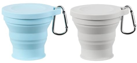 Faltbarer Silikonbecher mit Karabinerhaken, 180 ml, auslaufsicher, lebensmittelecht, Reisebecher für heiße/kalte Getränke, Camping, Wandern, Alltag (Blau und Grau), 2 Stück