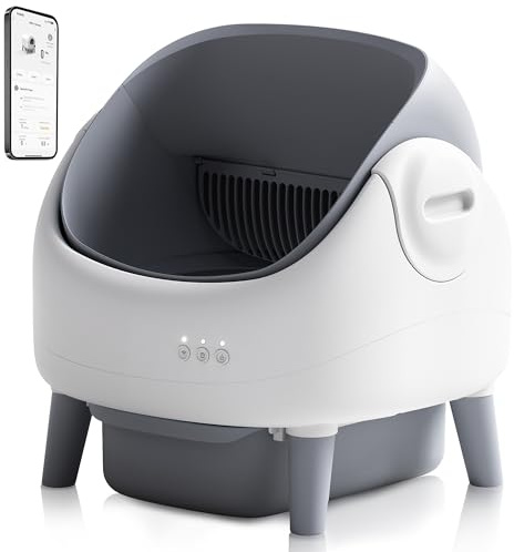 Lettiera autopulente con coperchio aperto, cassetta igienica automatica per gatto con controllo tramite app, doppio sensore di sicurezza, sacchetti per lettiera, grigio/bianco