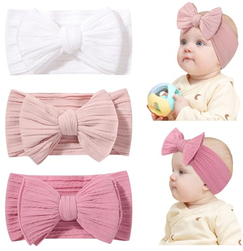Jollybows 3 Stück Haarreifen Baby Mädchen, Haarschleife Stirnband Haarband Nylon-Haarbänder für Kinder Neugeborene Haar-Accessoires (Weiß Rosa)