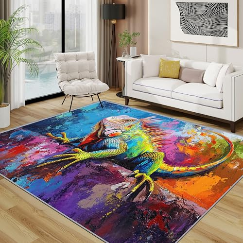 TerroVee Tiere Teppich Wohnzimmer 200x300 cm,ölgemälde Bunt Tierwelt Teppiche Waschbar Für Schlafzimmer,Reptilien Waschbar rutschfest Weich Groß Esszimmer, Grün Blau