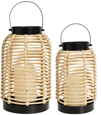 14in Lanterns Decorative for Home Decor- Decorative Candle Lanterns w/ LED Candles- Boho Rattan Woven Hanging Black Lanterns Decor for Indoor, Outdoor, Patio & Porch, Tabletop, Fireplace & Mantle