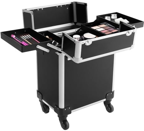 Valise de Maquillage Professionnel, Mallette Cosmétique, Alliage D'Aluminium, Mobile, avec 2 Tiroirs, 4 roulettes à 360°, poignée télescopique, 34 x 24 x 56 cm, Voyage Manucure Maquilleur Coiffure