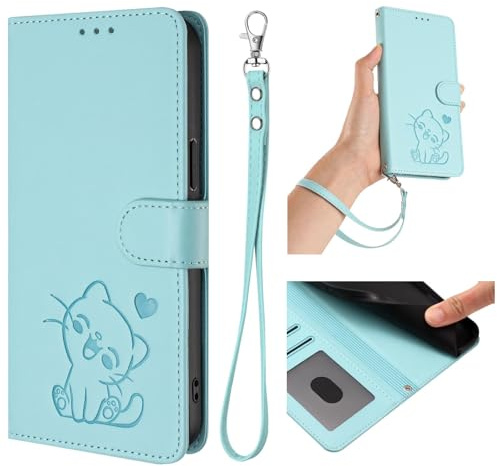 BEENTRYS Cuero PU Funda para Moto G22 4G / E32S / E22S 4G Funda,Carino Gato y Corazón Cartera con Tapa Ranuras para Tarjetas Bolsillo Soporte Flip Case Antigolpes Carcasa-Menta