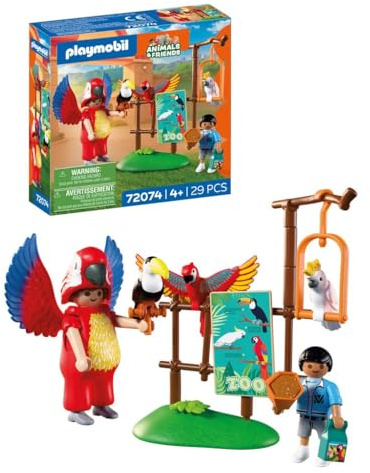 Playmobil | Animals & Friends | Zoo Mascotte Perroquet & Enfant | Homme déguisé en Perroquet avec 3 Oiseaux tropicaux| Jouet pour Enfants à partir de 4 Ans | 72074