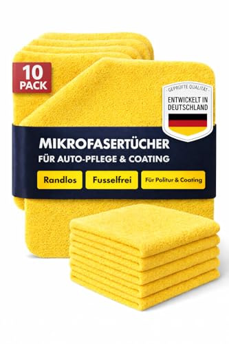 Detail X Mikrofasertücher für Auto 10 Stück – RANDLOS Ultraschallschnitt – 40x40 cm – 350 GSM – fusselfrei – für Autopflege, Coating & Politur KRATZFREI
