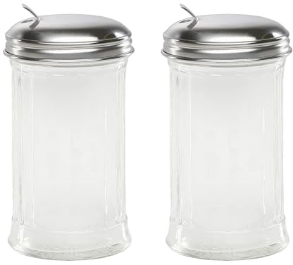 Great Credentials Retro Style Sugar Dispenser Pourer Shaker, Glass Jar with Stainless Steel Flap Lid, 12 oz, Set of 2