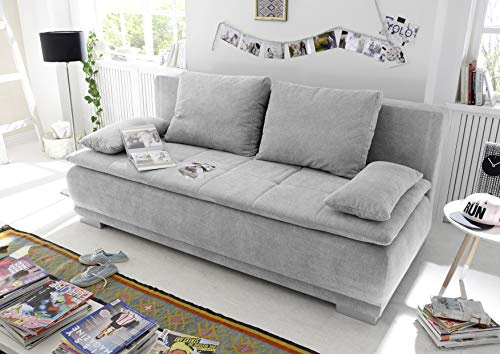 Stella Trading LUIGI Bequemes Schlafsofa mit Bettkasten, Stoffbezug Silber - Klappbares Sofa mit Schlaffunktion und fest vernähtem Schaumtopper - 211 x 93 x 103 cm (B/H/T)