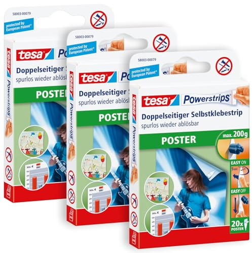tesa Powerstrips affisch – dubbelsidig självhäftande remsa för affischer – självhäftande tavelhängningsremsor, avsmalnande – rymmer upp till 200 g – förpackning med 60