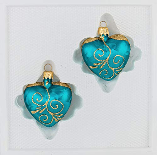 2 TLG. Glas-Herzen Set in 'Ice Petrol-Türkis Goldene Ornamente'- Christbaumkugeln - Weihnachtsschmuck-Christbaumschmuck