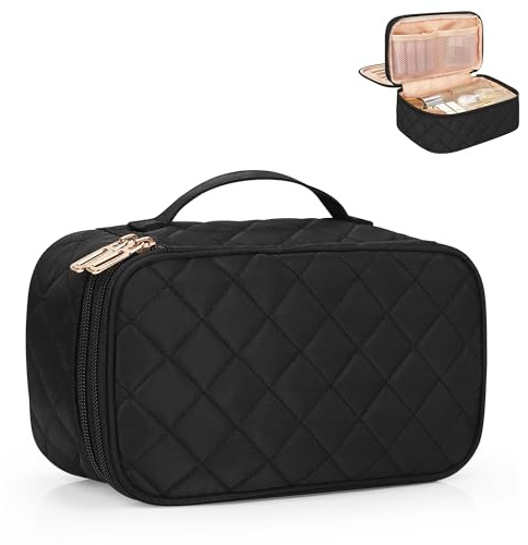 Relavel Small Makeup Bag, Travel Makeup Bag, Cosmetic Bag for Women, 2 Layer Makeup Organizer, Black Make Up Pouch Waterproof, Makeup Brush Holder, Durable Zipper (Black)