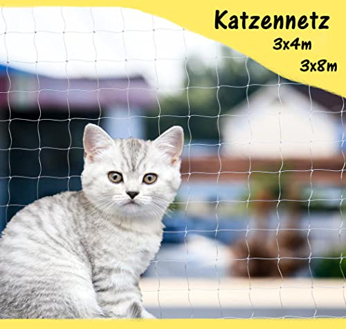 8x3m Katzennetz für Balkon & Fenster Katzenschutz-Netz ohne Bohren Balkonschutz + 25m Befestigungsseil Balkonnetz extra transparent + sicher inkl. Montage Set Schutznetz Bissfest durchsichtig