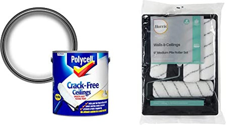 Polycell PLCCFCSM25L Crack-Free Ceilings Smooth Matt - 2.5 L, White & Harris 102012009 Seriously Good Walls & Ceilings Paint Roller Set 9in | Includes 1 x 9 Frame, 4 x 9 Medium | 9