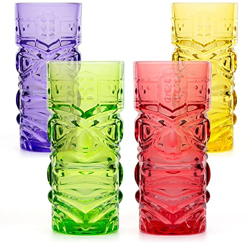 CKB LTD Lot de 4 verres à cocktail colorés Tiki Bar – Gobelets hauts parfaits pour les fêtes hawaïennes à base de rhum mélangés cocktail boisson thé glacé MAI Tai Long Island ou cocktails zombie