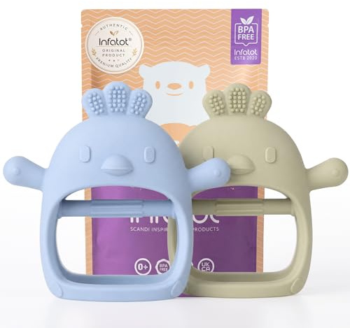 Infatot® Teething Toys for Baby Gifts – 2 Pack Chicken Silicone Mitten Teether, Soothing Glove for Infants, Baby Toys 0-6 Months, Soft Chewable Teether Toy to Prevent Finger Sucking, CH Blue & Green