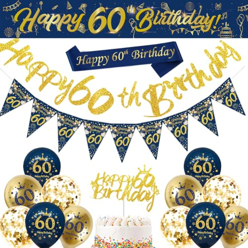 60th Birthday Decorations Men,Blue Gold Happy 60th Birthday Banner,60th Birthday Balloons,Bunting Flags,Sash,Cake Toppers for Men Blue 60th Birthday Party Supplies