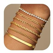JeweBella 6 Stück Kette Armband Gold Damen 14 Karat Vergoldet Edelstahl Armband Set Verstellbar Twist Figaro Tennis Armbänder Set Armkette Modeschmuck Gold Ketten Armbander für Damen Mädchen