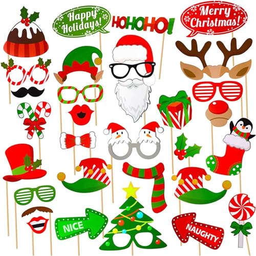 HeiPen 32 Stück Weihnachten Foto Requisiten Kit - Merry Xmas Party Dekoration mit Brille